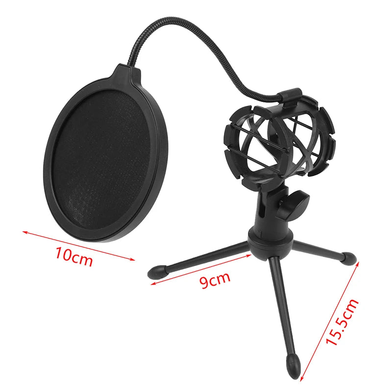 Desktop Microphone Tripod Stand, Height Adjustable, for Computer Recording and Live Streaming, Includes Windproof Cover and Pop Filter Set
