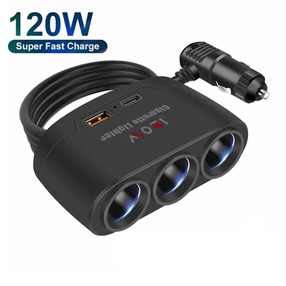 120W Car Charger 12V 24V 3 Socket Cigarette Lighter Splitter Dual USB PD Car Power Conversion Plug Fast Charge Adapter For Phone