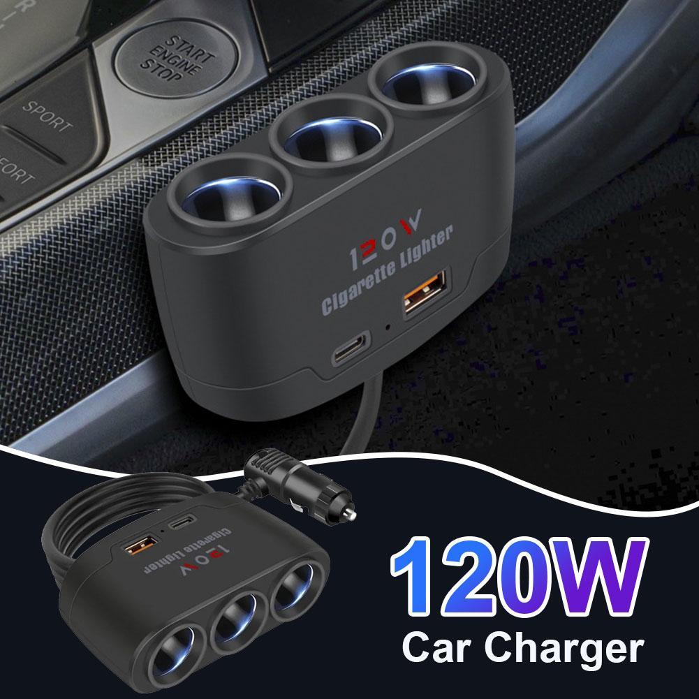 120W Car Charger 12V 24V 3 Socket Cigarette Lighter Splitter Dual USB PD Car Power Conversion Plug Fast Charge Adapter For Phone