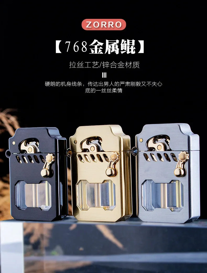 2025 New Zorro Kerosen Lighter Cyber Mecha Transparent Bin Rocker Cool Classic Torrens Tide Men Lighters Wholesale