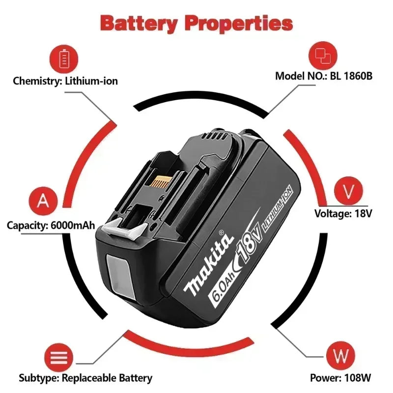100% Genuine Makita 6Ah for Makita 18V Battery BL1860B BL1840 BL1830B BL1850B BL1850 BL1860 BL1815 Replacement Lithium Battery