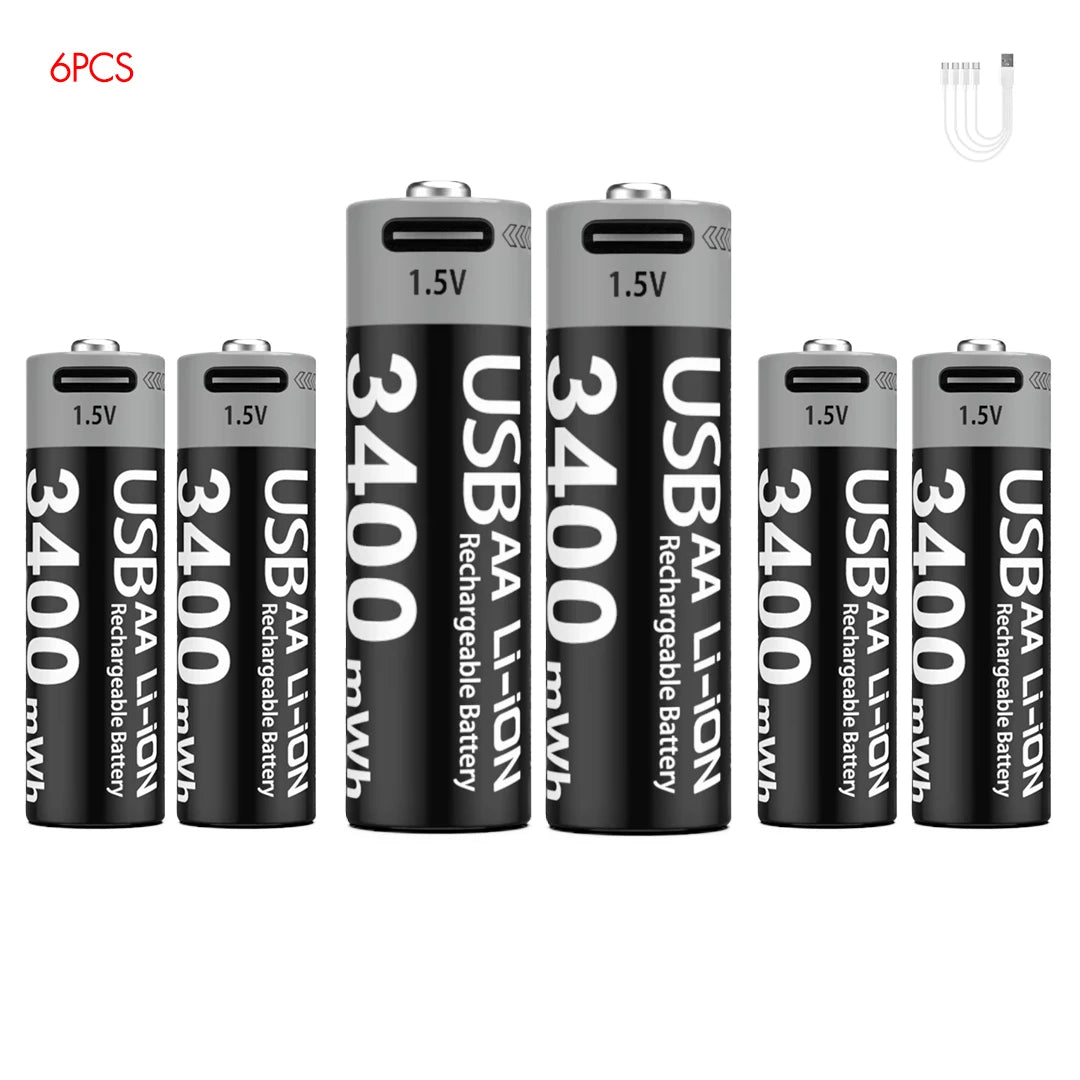 Kuugro Li-ion AAA and AA Rechargeable Batteries USB Lithium-ion 3400mWh 1.5V AA Rechargeable Batteries+1100mWh 1.5V AAA Battery