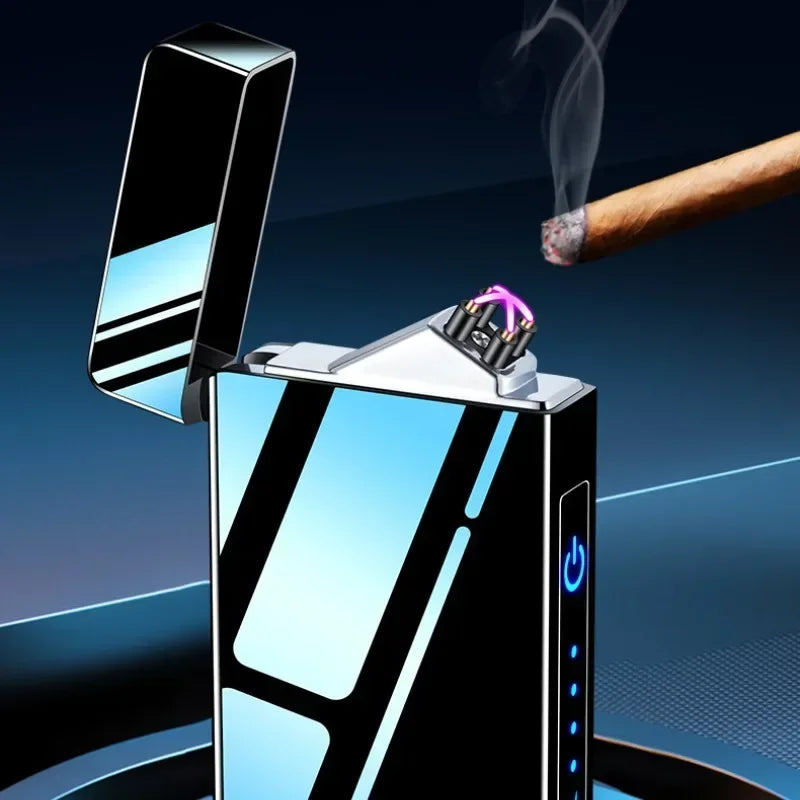 New Electric Windproof Smoking Lighter Metal Double Arc Flameless USB Rechargeable Plasma Lighters LED Touch Electronic Lighter
