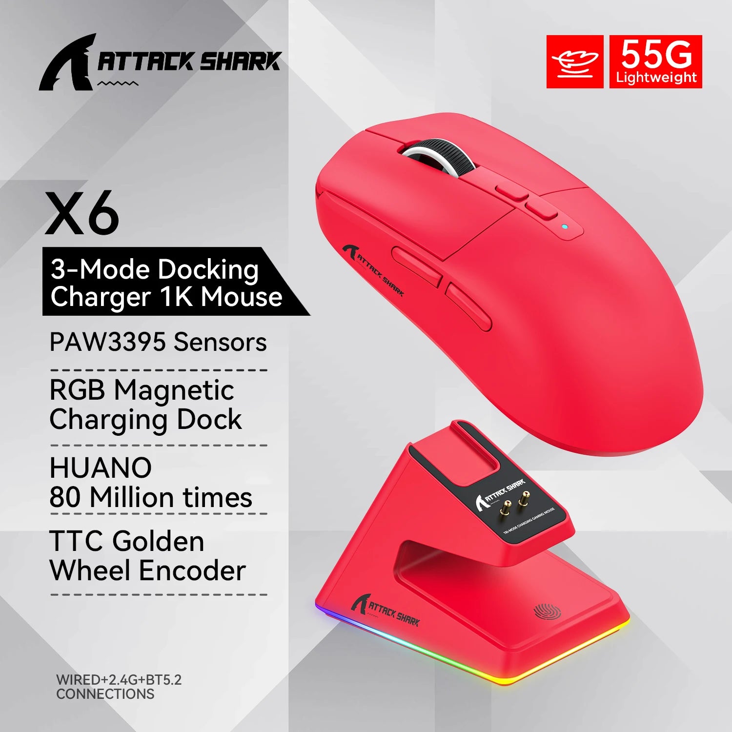 Attack Shark X6 Wireless Ergonomic Gaming Mouse Adjustable DPI Wired 2.4G/Bluetooth High Precision Rechargeable Mice
