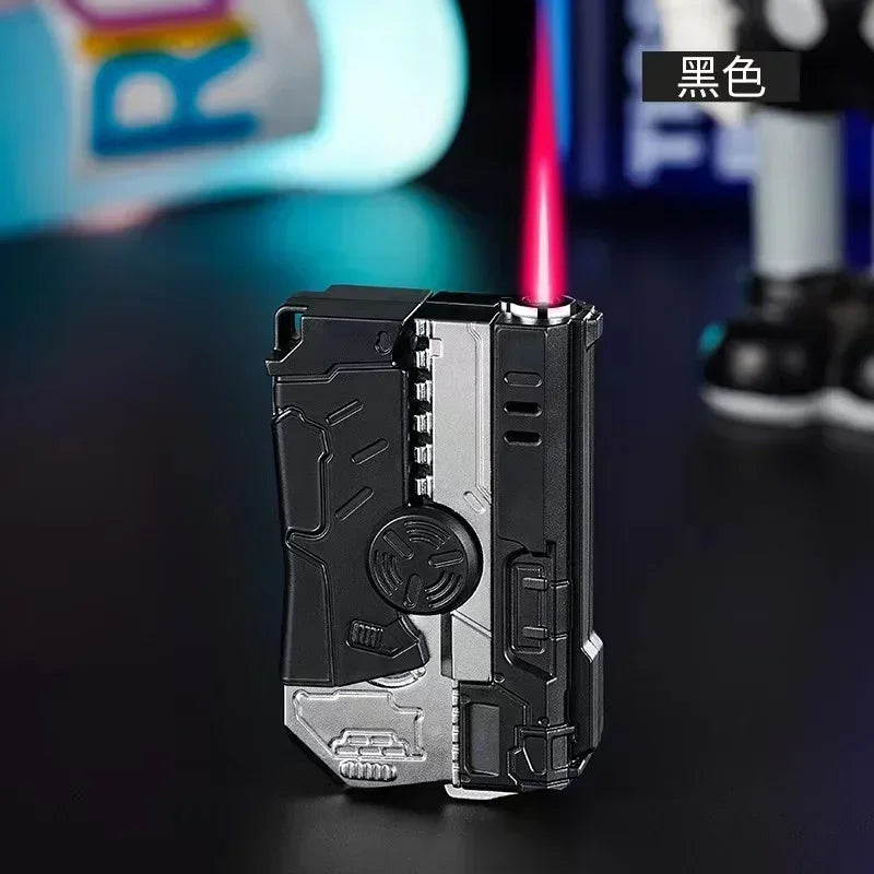 Multi functional folding dual form decompression gyro gun shaped lighter with creative deformation and windproof red flame