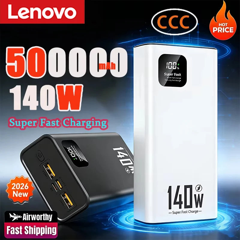 Lenovo 140W PowerBank 500000mAh High Capacity Super Fast Charging Portable Battery CCC Charger for iPhone Samsung Huawei 2026
