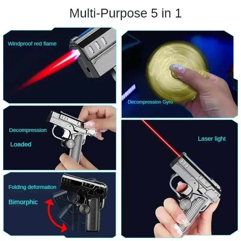 Multi functional folding dual form decompression gyro gun shaped lighter with creative deformation and windproof red flame