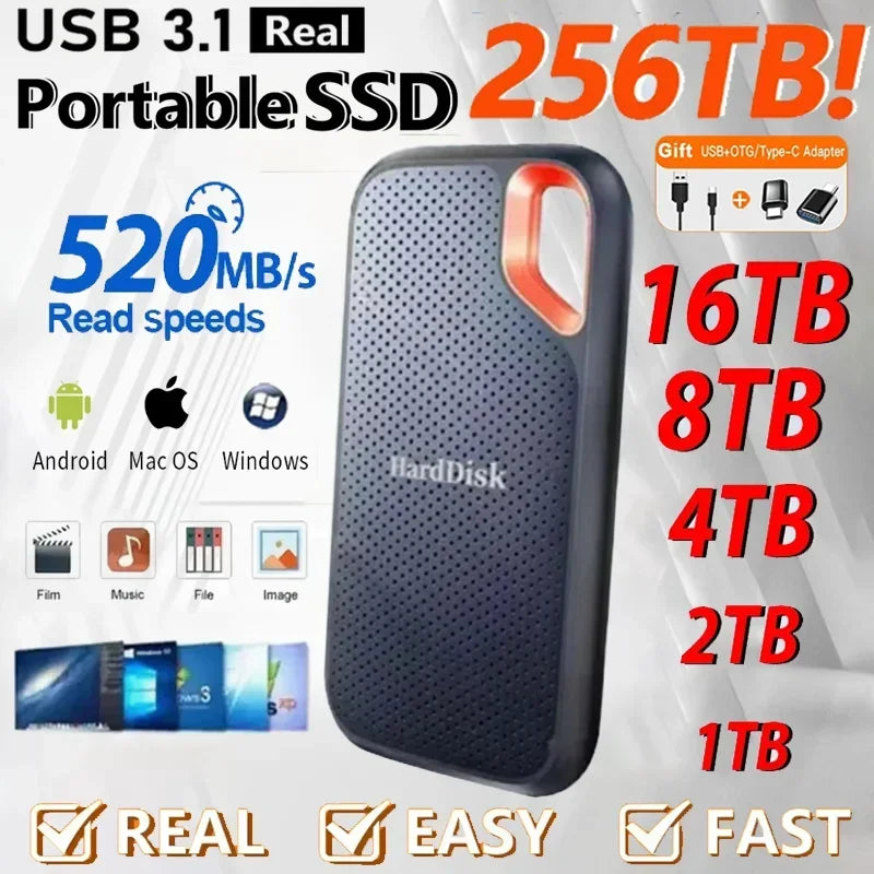 External Hard Drive 1TB Portable SSD 2TB High-speed Solid-state Drive 64TB Large Capacity Hard Drive for Laptops/PC/Phones/MAC