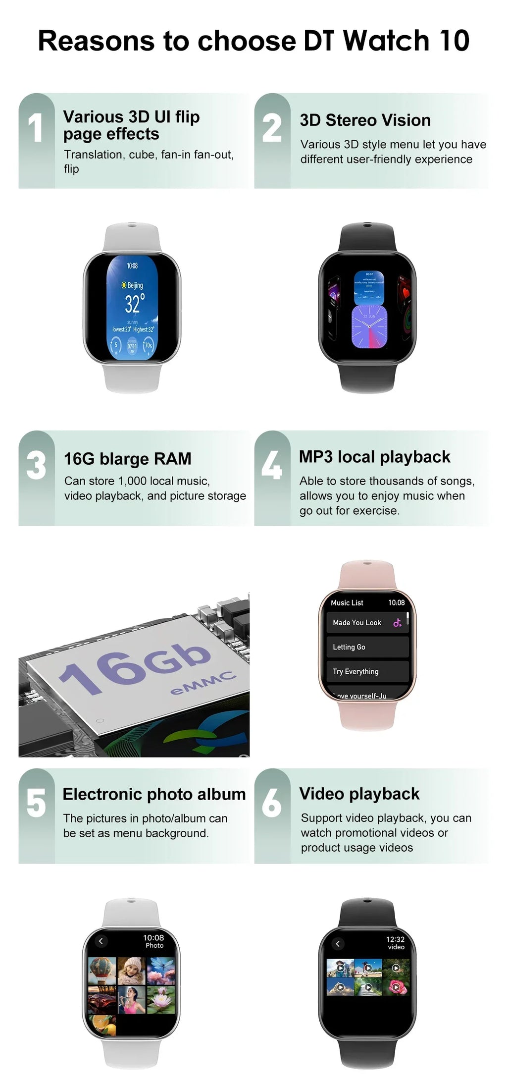 2026 New Original for Apple DT Watch 10 Smart Watch Men AMOLED 4GB Memory Music 3D Surround BT Call Waterproof smart watch Woman
