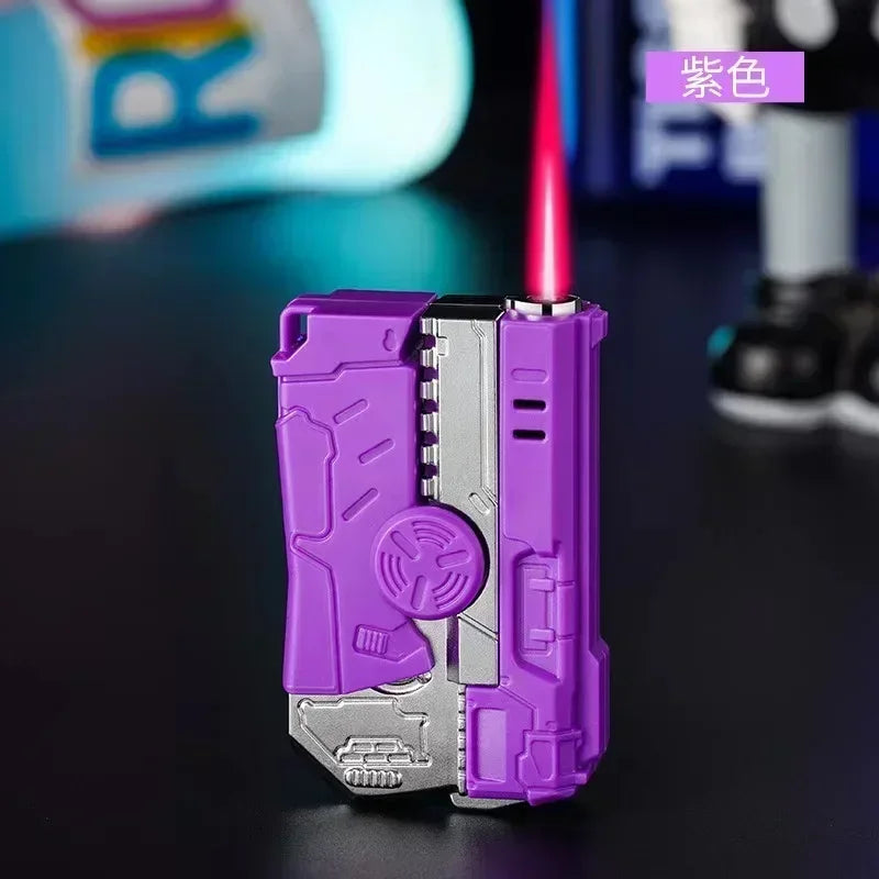 Multi functional folding dual form decompression gyro gun shaped lighter with creative deformation and windproof red flame