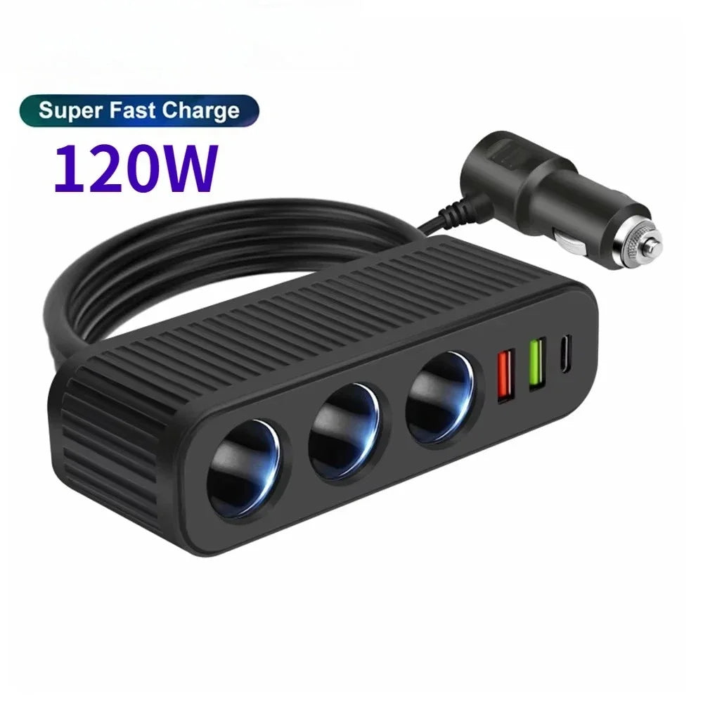 120W USB Car Charger 4-in-1 Multifunctional Socket Cigarette Lighter Quick Charge Power Adapter for iPhone Mobile Phone Charger