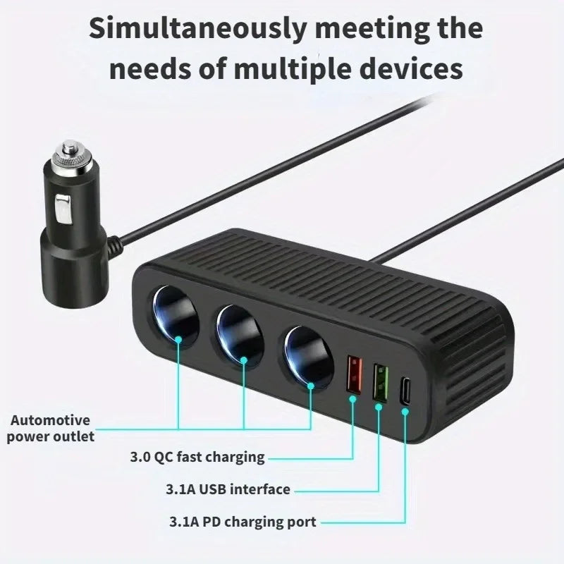 120W USB Car Charger 4-in-1 Multifunctional Socket Cigarette Lighter Quick Charge Power Adapter for iPhone Mobile Phone Charger