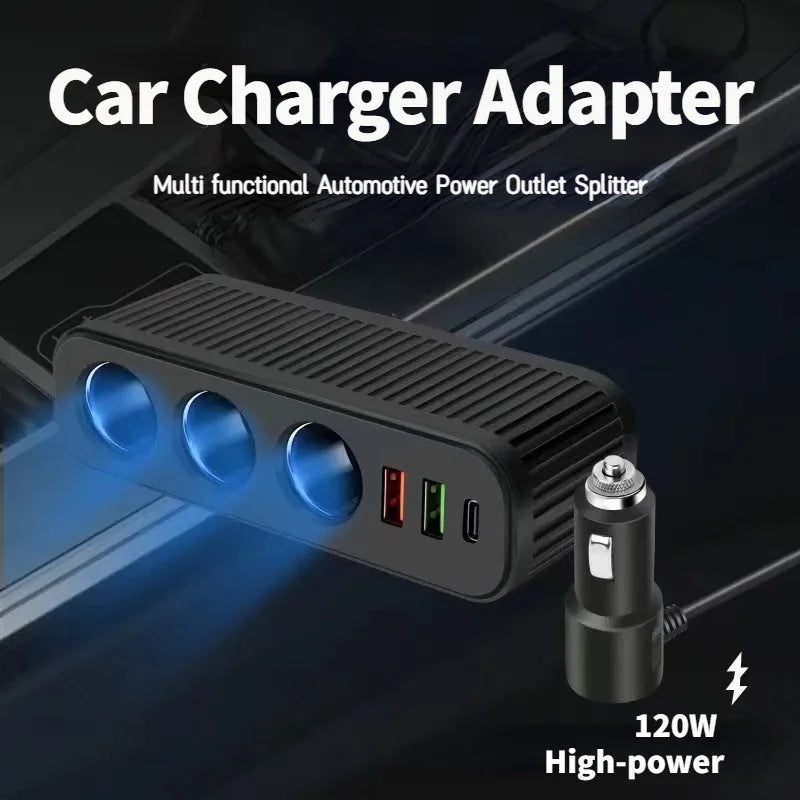 120W USB Car Charger 4-in-1 Multifunctional Socket Cigarette Lighter Quick Charge Power Adapter for iPhone Mobile Phone Charger