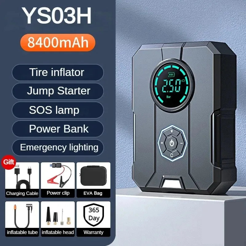 BUVAYE Portable Car Battery Jump Starter with 150PSI Air Pump & Car Compressor Emergency Starting Device