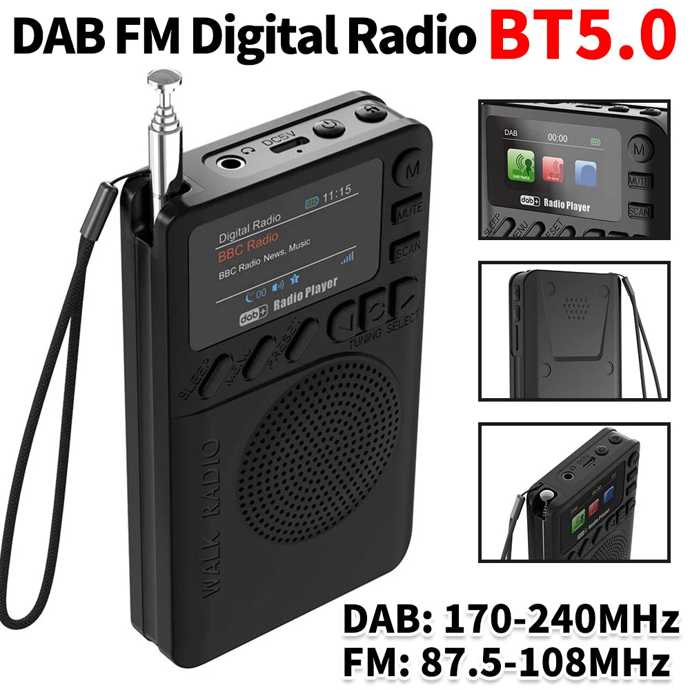 Mini DAB FM Digital Radio with Headphone Jack Color Screen Pocket Radio BT5.0 MP3 Playback Speaker for Running Sports