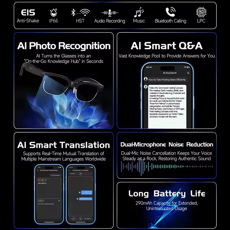 New 1200P HD Smart Glasses With 800W Ultra-Wide Camera Video Recording 4GB AI Photo Recognition Bluetooth Call Translation Voice