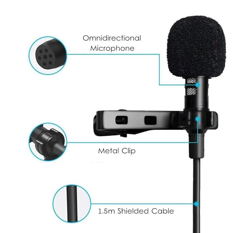 1.5m Mini Portable Lavalier Microphone Condenser Clip-on Lapel Mic Wired USB 3.5mm Type C Microphone For Laptop PC DSLR Camera