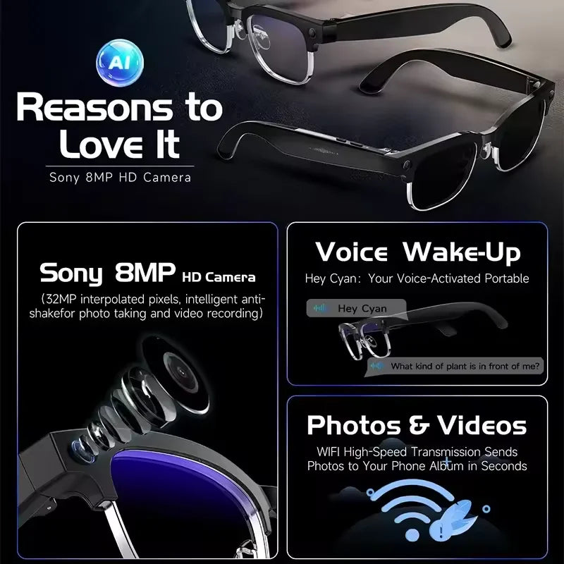 New 1200P HD Smart Glasses With 800W Ultra-Wide Camera Video Recording 4GB AI Photo Recognition Bluetooth Call Translation Voice