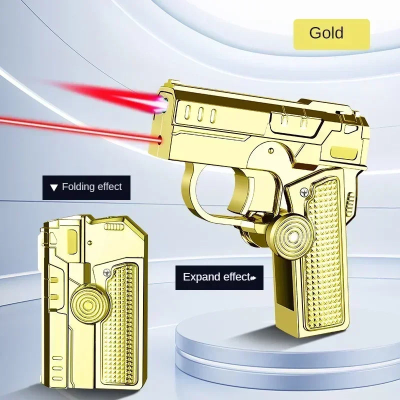 Multi functional folding dual form decompression gyro gun shaped lighter with creative deformation and windproof red flame