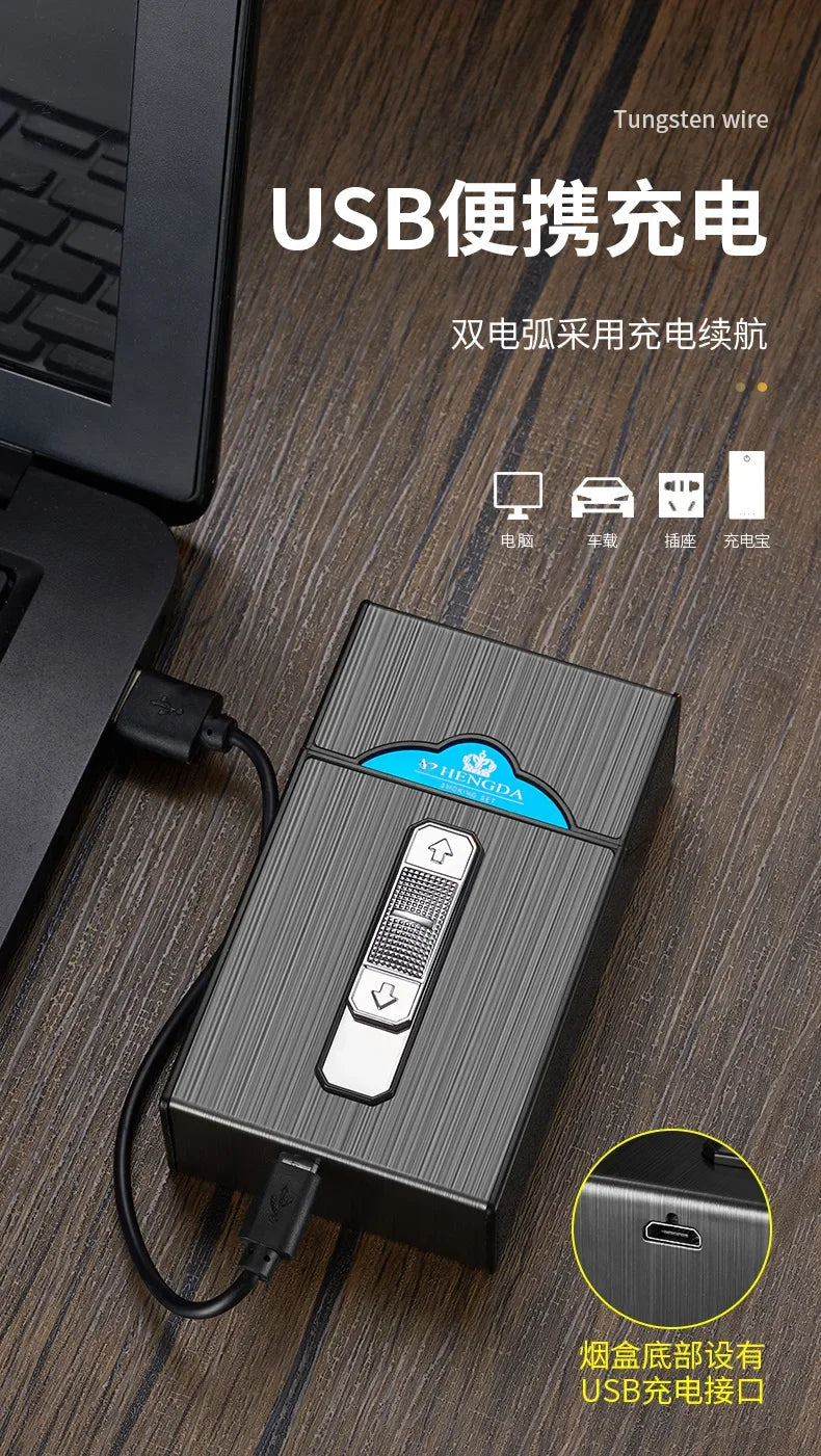 20 Thick Double Arc Pulse USB Charging Lighter Waterproof Moisture Resistant Cigarette Case for Outdoor Smoking Use