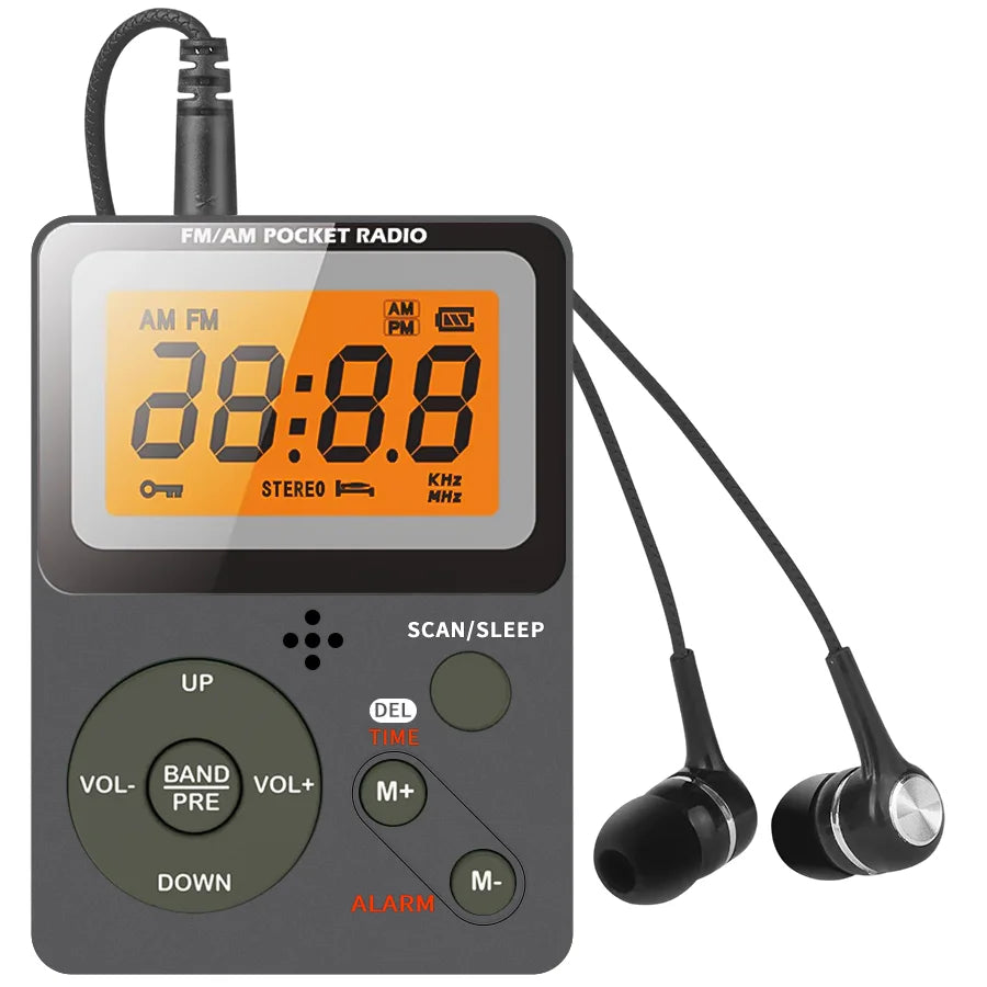 Digital Radio, FM/AM, 2 Band Stereo Music Receiver, Portable Pocket Radio with Headphones, LCD Screen, 2xAAA Dry Battery Powered