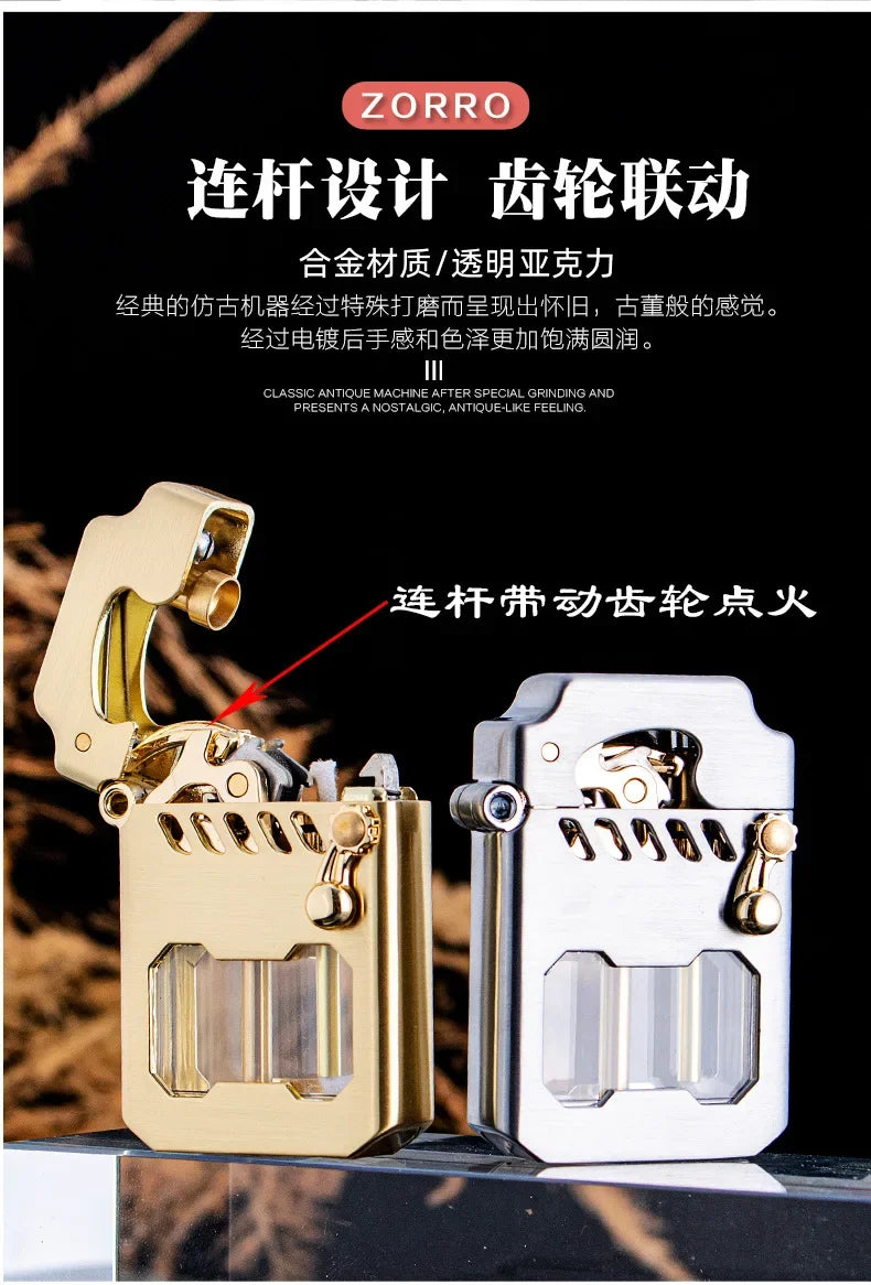 2025 New Zorro Kerosen Lighter Cyber Mecha Transparent Bin Rocker Cool Classic Torrens Tide Men Lighters Wholesale