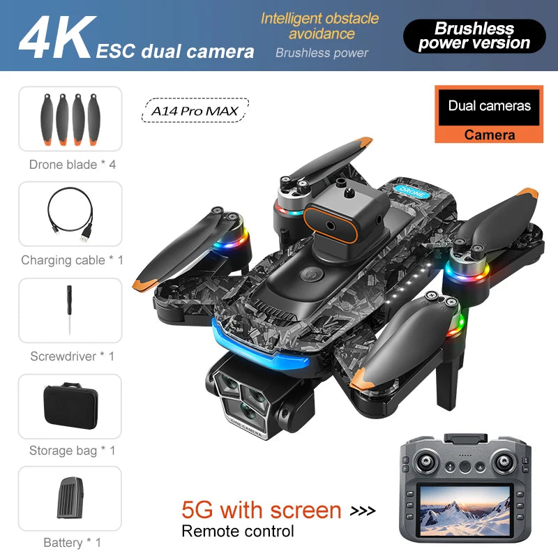 New A14 Pro Max Drone Aerial 8K HD Dual-Camera 5G WIFI GPS Brushless Motor Optical Flow Obstacle Avoidance RC Drone 18000M