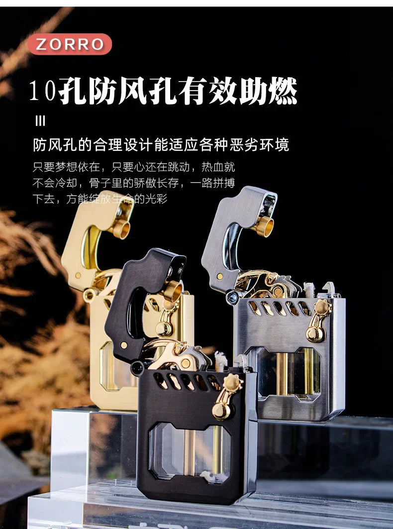 2025 New Zorro Kerosen Lighter Cyber Mecha Transparent Bin Rocker Cool Classic Torrens Tide Men Lighters Wholesale