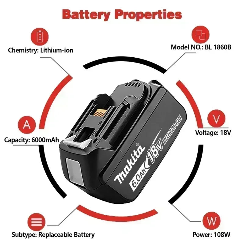 100% Genuine Makita 6Ah for Makita 18V Battery BL1860B BL1840 BL1830B BL1850B BL1850 BL1860 BL1815 Replacement Lithium Battery