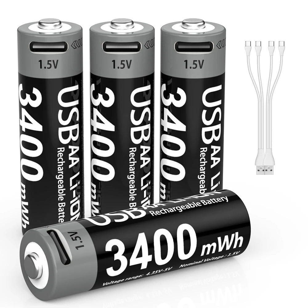 Kuugro Li-ion AAA and AA Rechargeable Batteries USB Lithium-ion 3400mWh 1.5V AA Rechargeable Batteries+1100mWh 1.5V AAA Battery