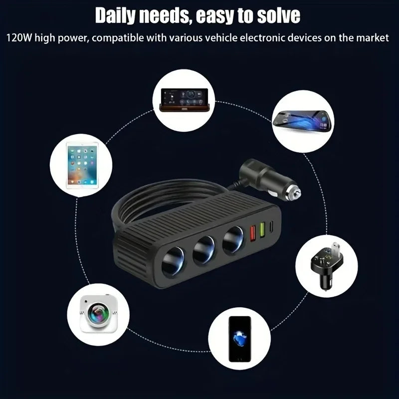 120W USB Car Charger 4-in-1 Multifunctional Socket Cigarette Lighter Quick Charge Power Adapter for iPhone Mobile Phone Charger