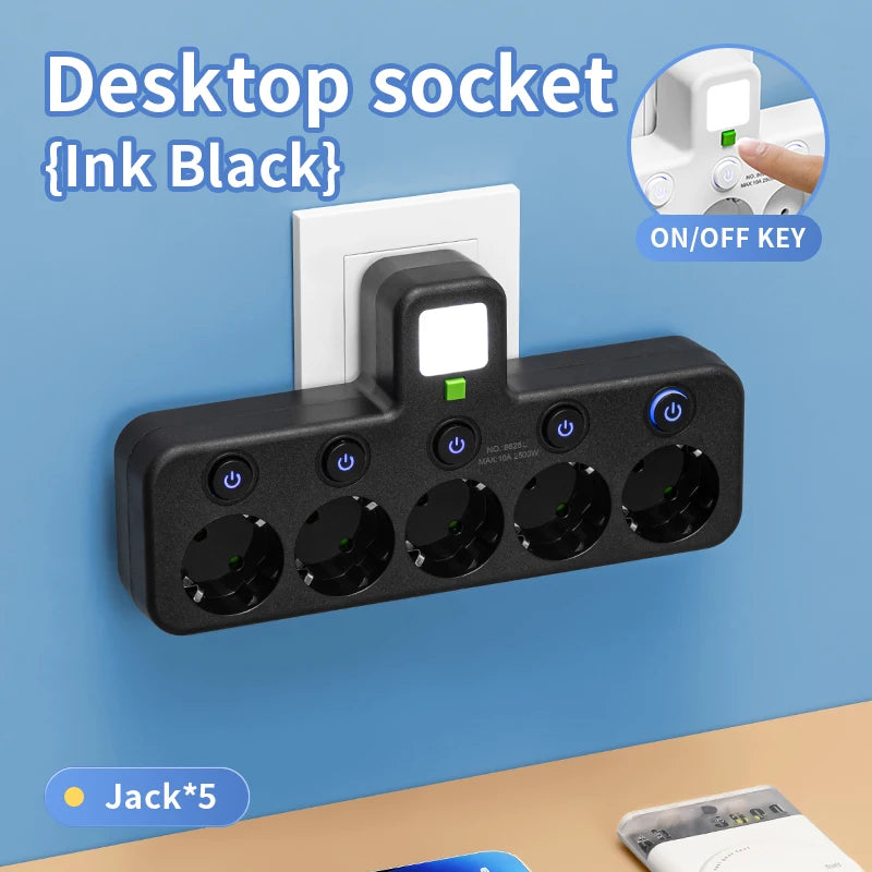 EU Plug Outlet 4 Sockets Multitap Wall Power Strip Electrical Socket 2 USB 1 Type-C Ports No Extension Cord with 2500W MAX Power