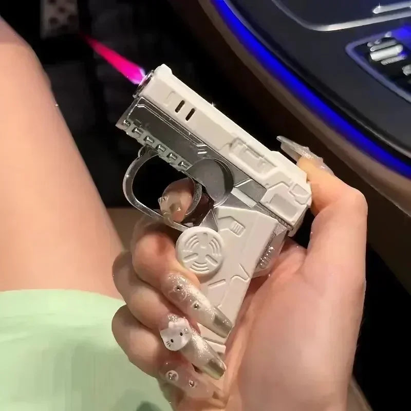 Multi functional folding dual form decompression gyro gun shaped lighter with creative deformation and windproof red flame