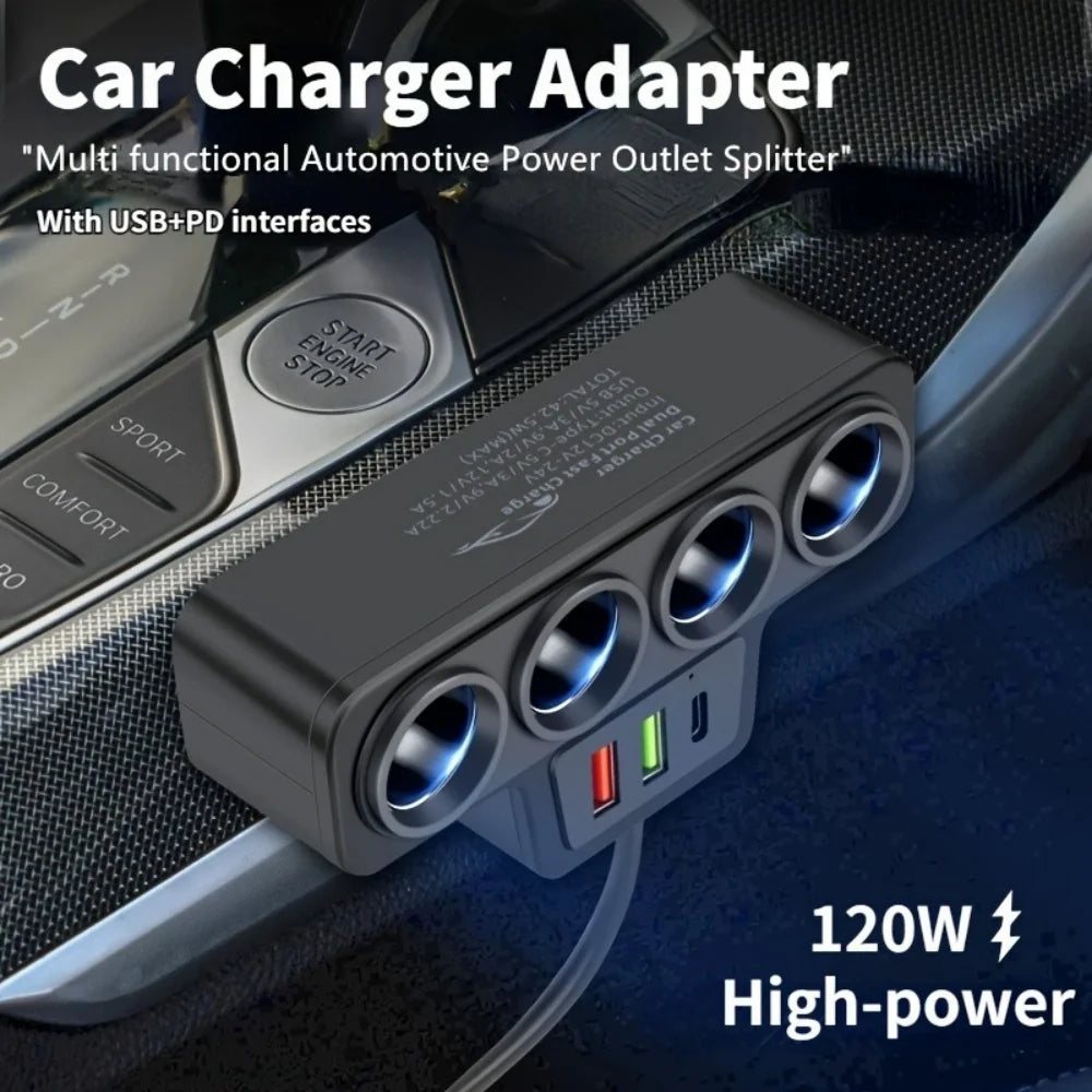 120W USB Car Charger 4-in-1 Multifunctional Socket Cigarette Lighter Quick Charge Power Adapter for iPhone Mobile Phone Charger