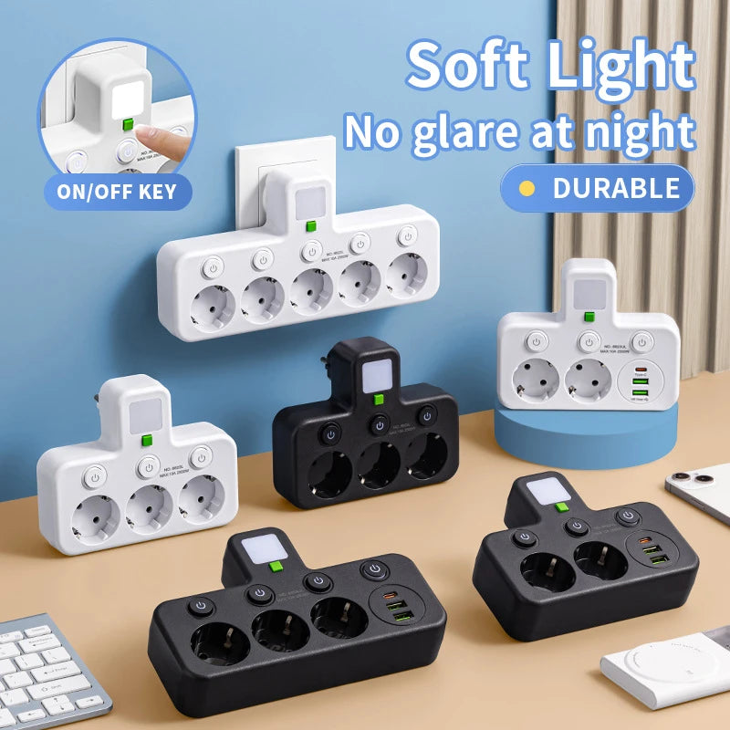 EU Plug Outlet 4 Sockets Multitap Wall Power Strip Electrical Socket 2 USB 1 Type-C Ports No Extension Cord with 2500W MAX Power