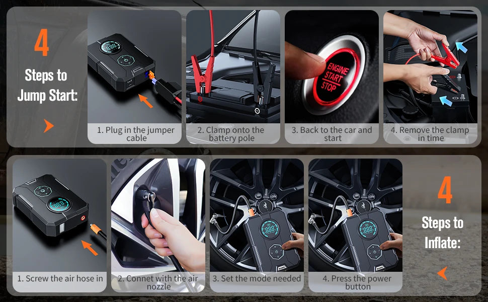BUVAYE Portable Car Battery Jump Starter with 150PSI Air Pump & Car Compressor Emergency Starting Device
