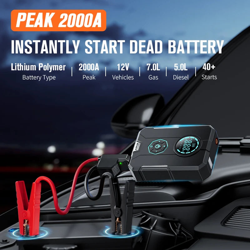 BUVAYE Portable Car Battery Jump Starter with 150PSI Air Pump & Car Compressor Emergency Starting Device