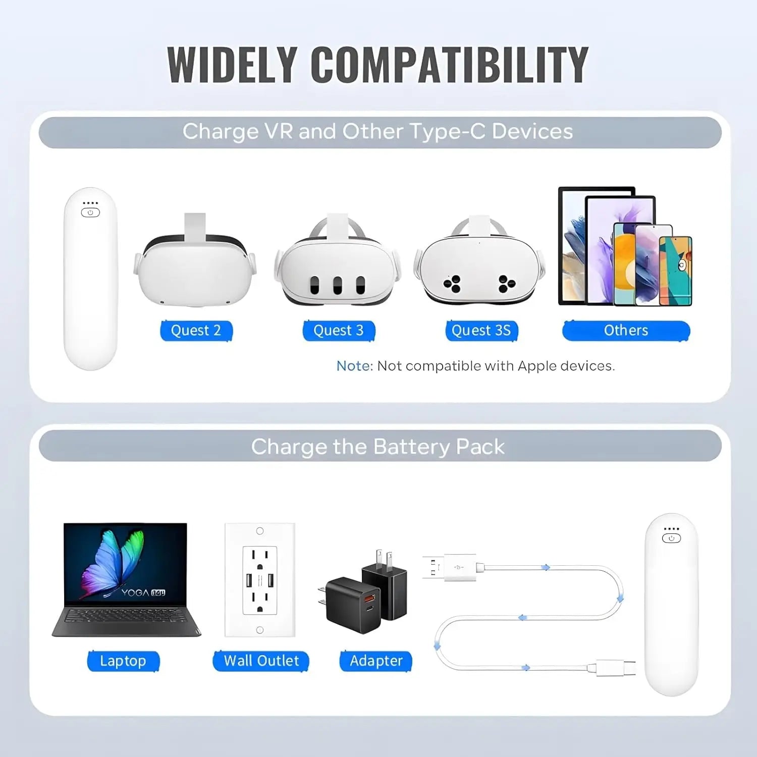 Battery Pack for Meta/Oculus Quest 2/Quest 3/Quest 3S, 5000mAh Portable Battery Pack Accessories, Extend Extra 2-4H Playtime
