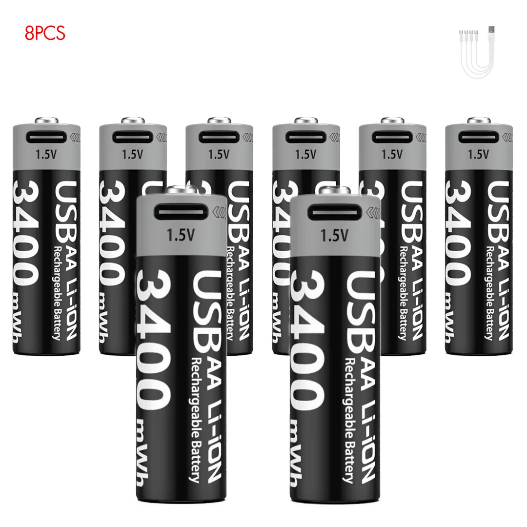 Kuugro Li-ion AAA and AA Rechargeable Batteries USB Lithium-ion 3400mWh 1.5V AA Rechargeable Batteries+1100mWh 1.5V AAA Battery
