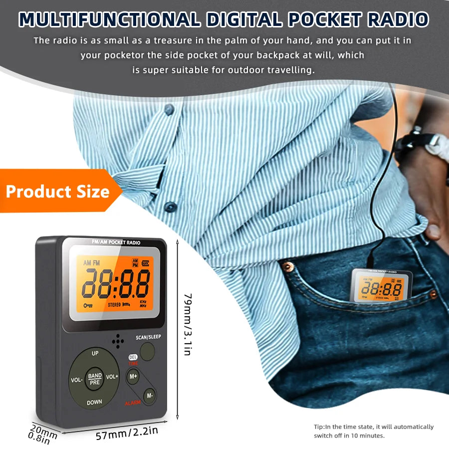 Digital Radio, FM/AM, 2 Band Stereo Music Receiver, Portable Pocket Radio with Headphones, LCD Screen, 2xAAA Dry Battery Powered