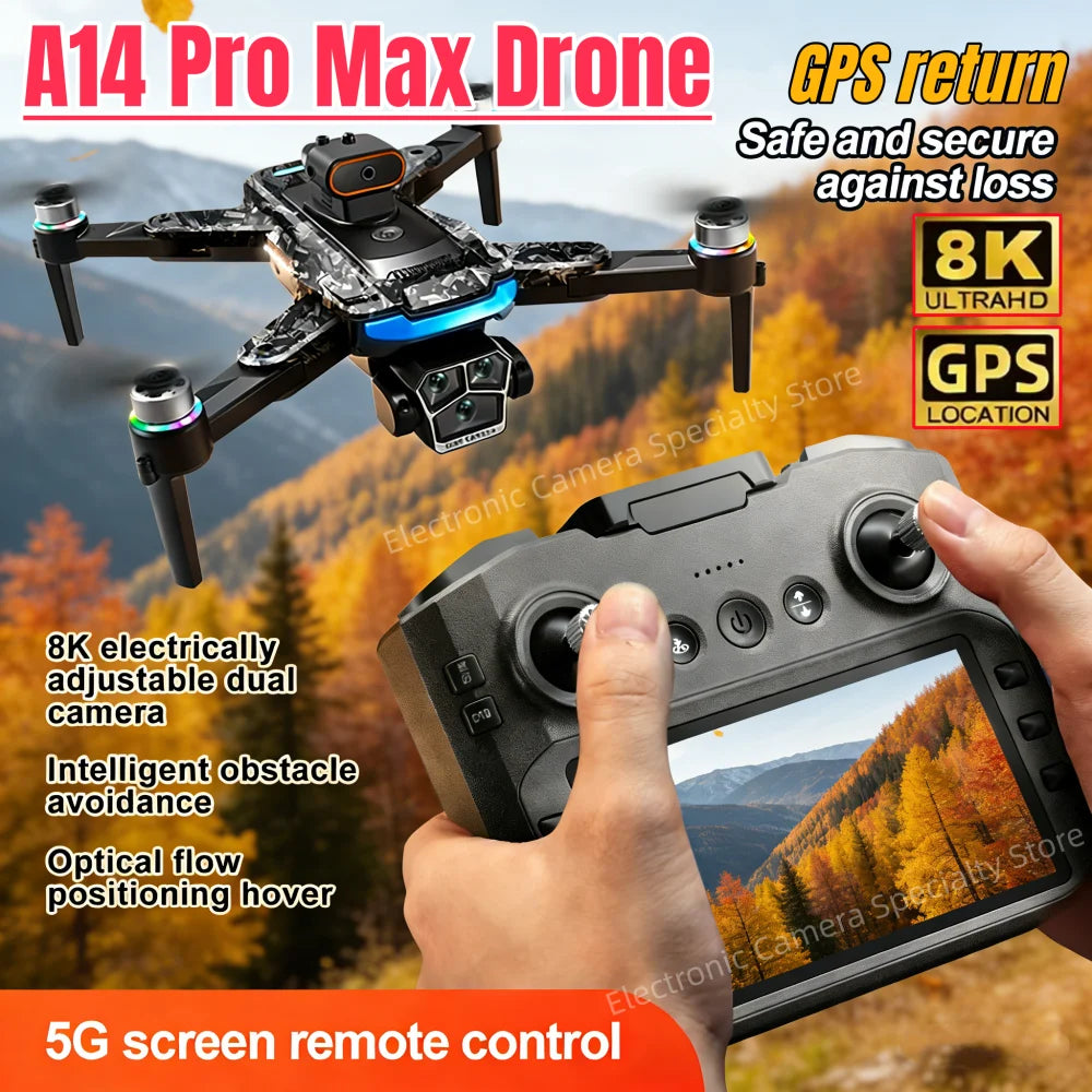 New A14 Pro Max Drone Aerial 8K HD Dual-Camera 5G WIFI GPS Brushless Motor Optical Flow Obstacle Avoidance RC Drone 18000M