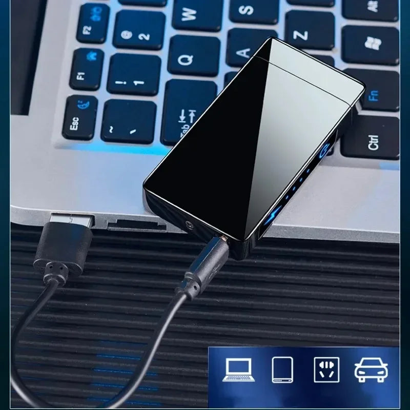 New Electric Windproof Smoking Lighter Metal Double Arc Flameless USB Rechargeable Plasma Lighters LED Touch Electronic Lighter