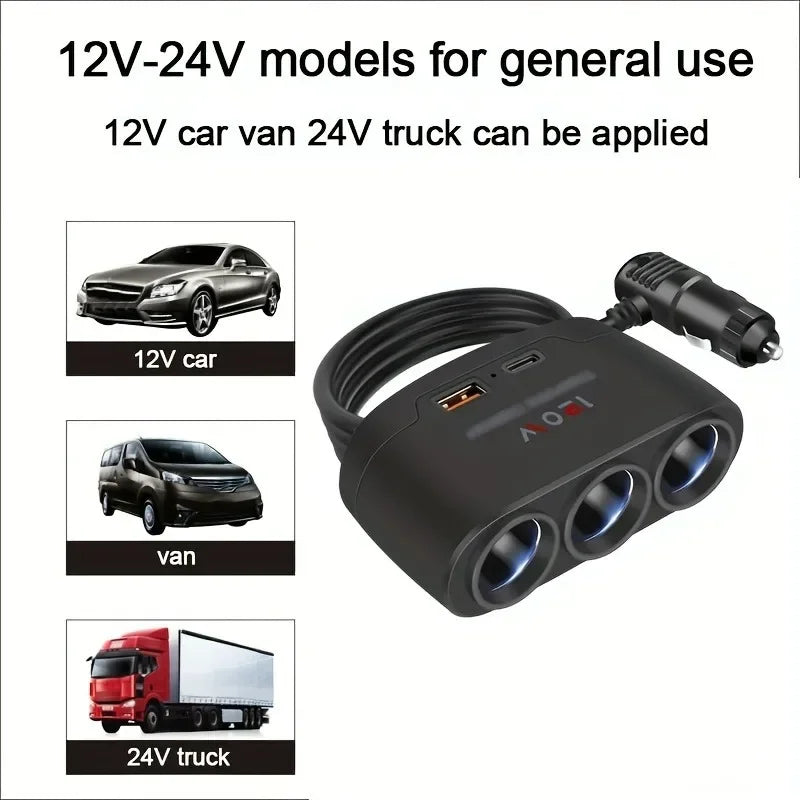 120W USB Car Charger 4-in-1 Multifunctional Socket Cigarette Lighter Quick Charge Power Adapter for iPhone Mobile Phone Charger