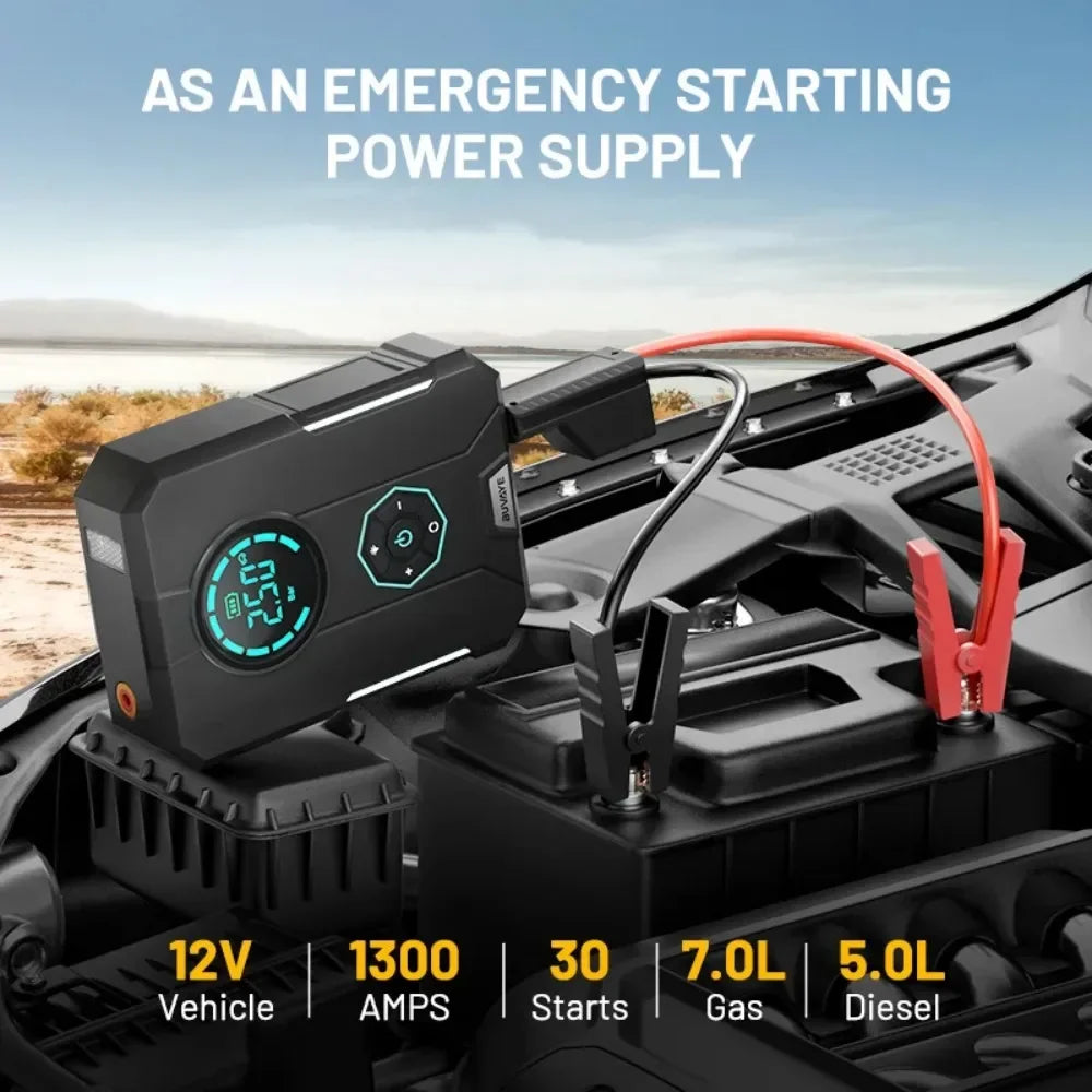 BUVAYE Portable Car Battery Jump Starter with 150PSI Air Pump & Car Compressor Emergency Starting Device
