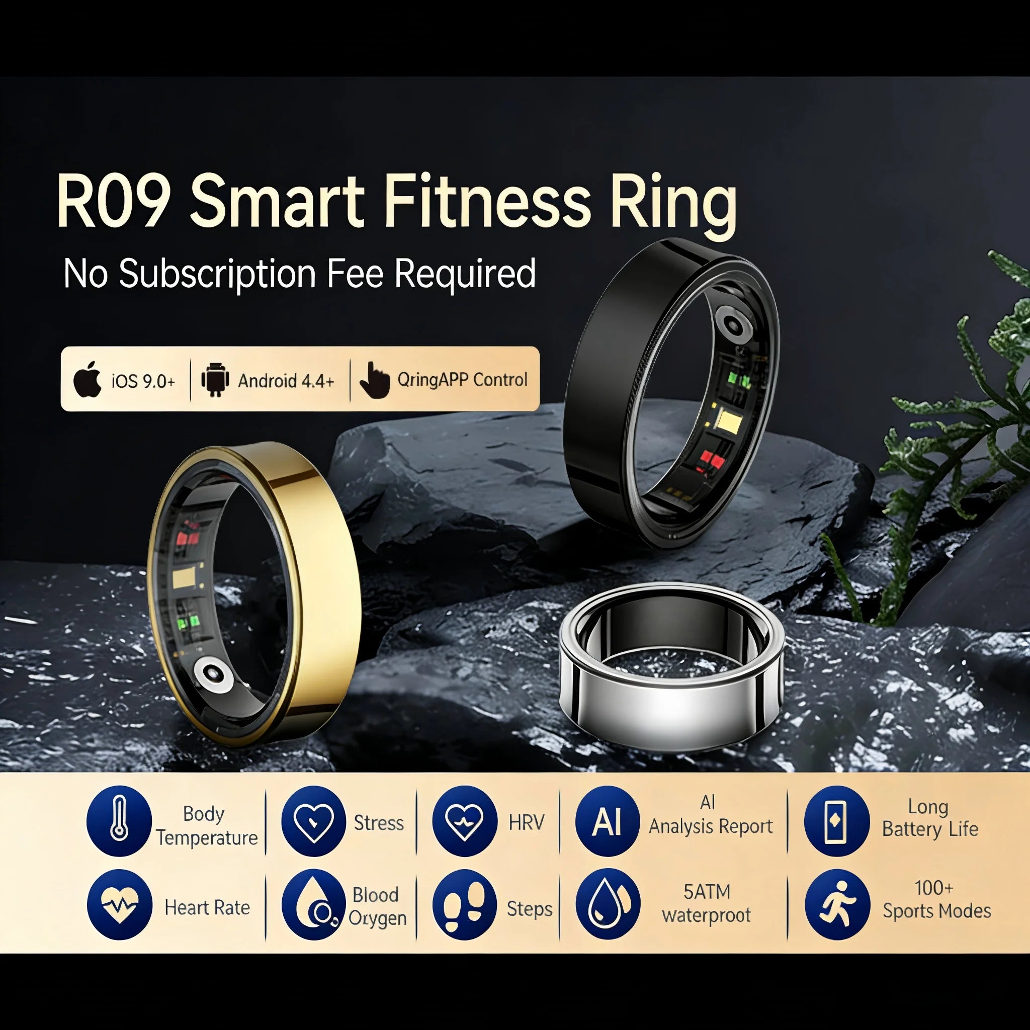 Amovan Smart Ring Premium Temperature Remote Control Sports Sleep Health Fitness Fasion Ring for Samsung iOS Phone for Woman Man