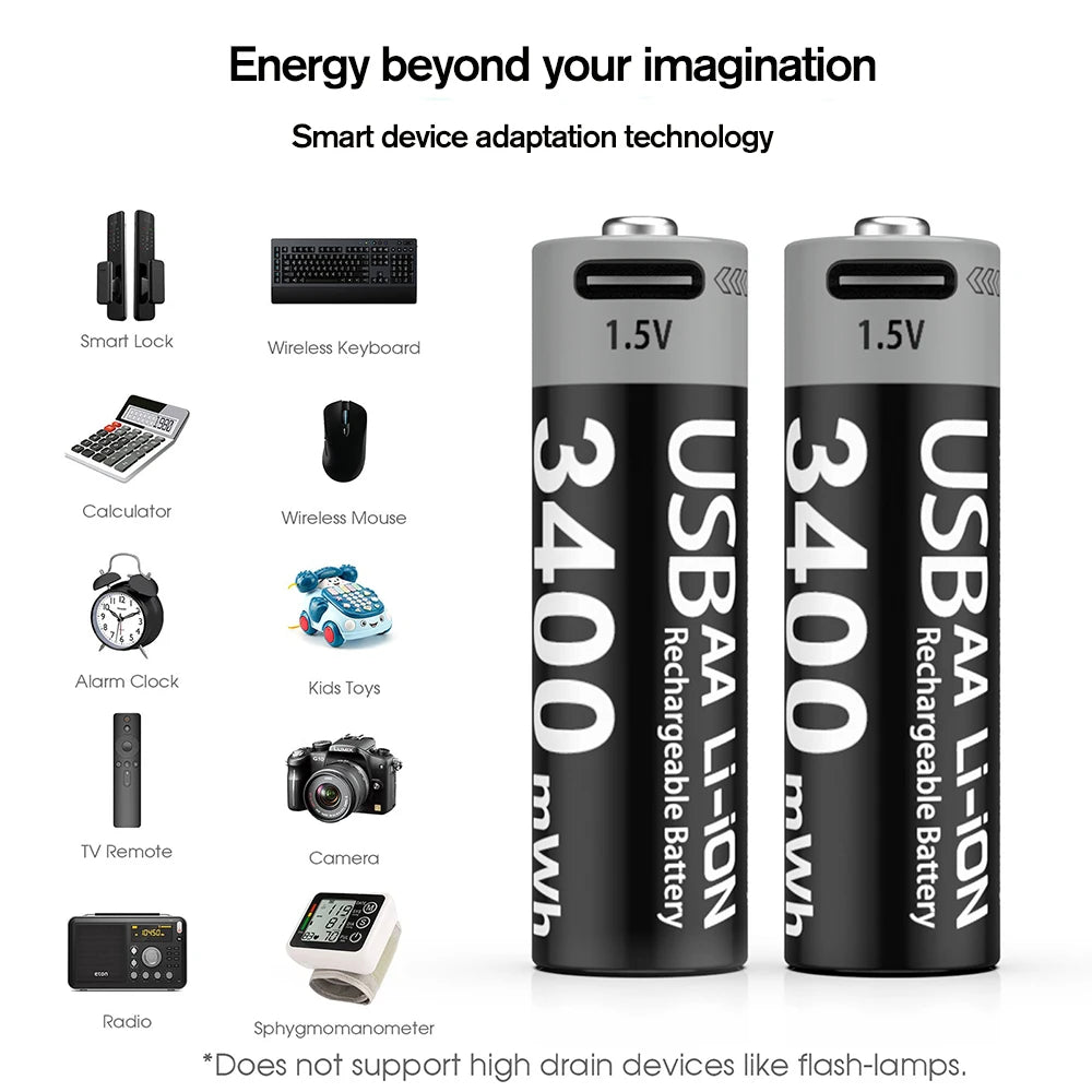 Kuugro Li-ion AAA and AA Rechargeable Batteries USB Lithium-ion 3400mWh 1.5V AA Rechargeable Batteries+1100mWh 1.5V AAA Battery