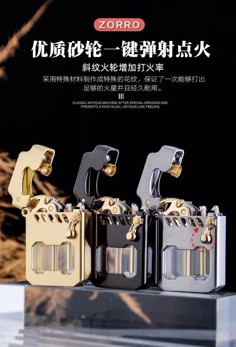2025 New Zorro Kerosen Lighter Cyber Mecha Transparent Bin Rocker Cool Classic Torrens Tide Men Lighters Wholesale