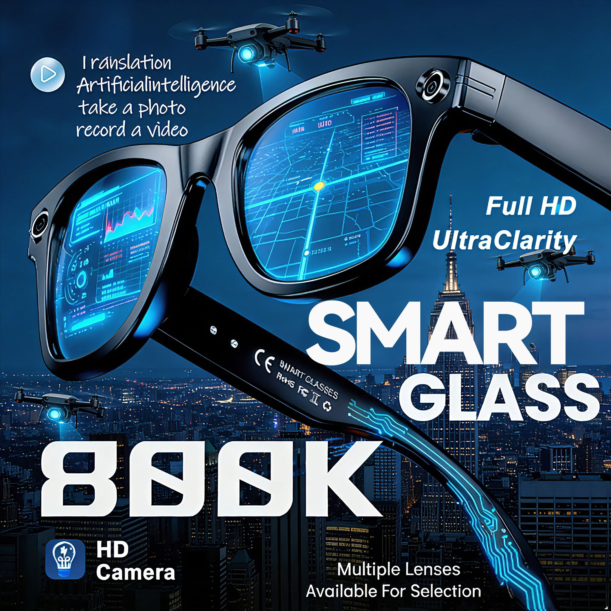New AI Smart Translation Glasses Sony 8MP HD Camera Video Recording WiFi Transmission Object Recognition Voice Wake-up Smart Gla