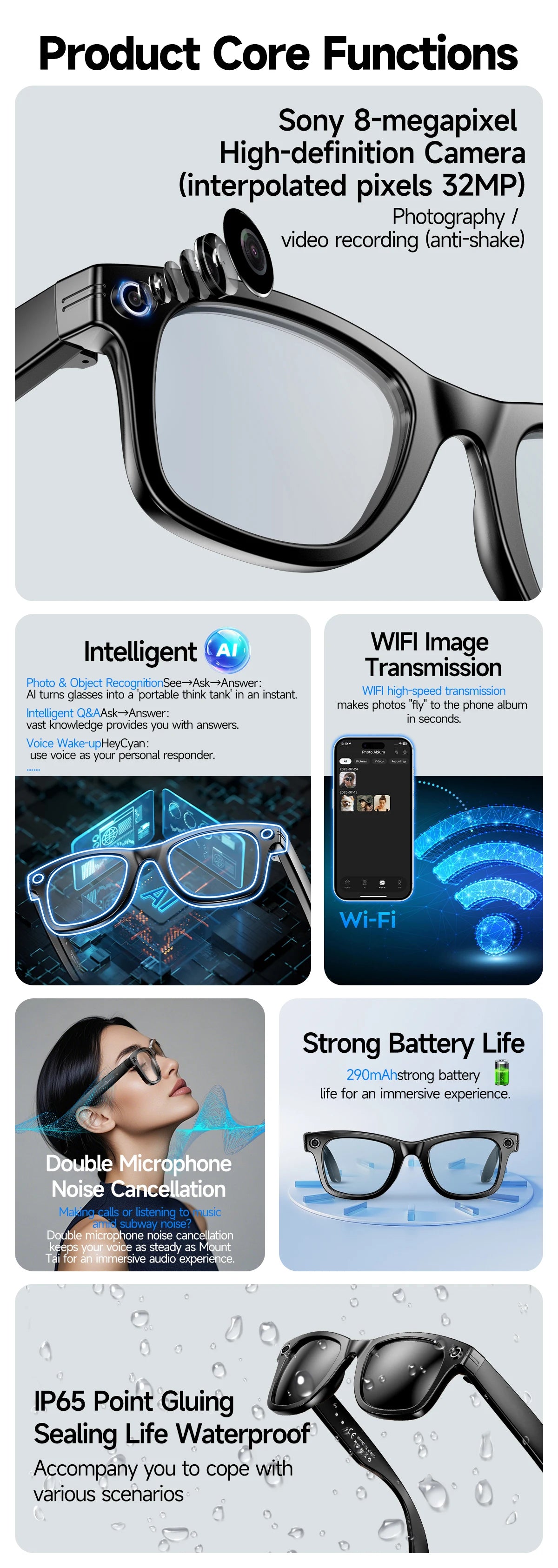 2025 New Travel Study Smart Glasses Men 800W HD Pixel Camera Video Recording WIFI Transmission Adjustable Prescription Glasses