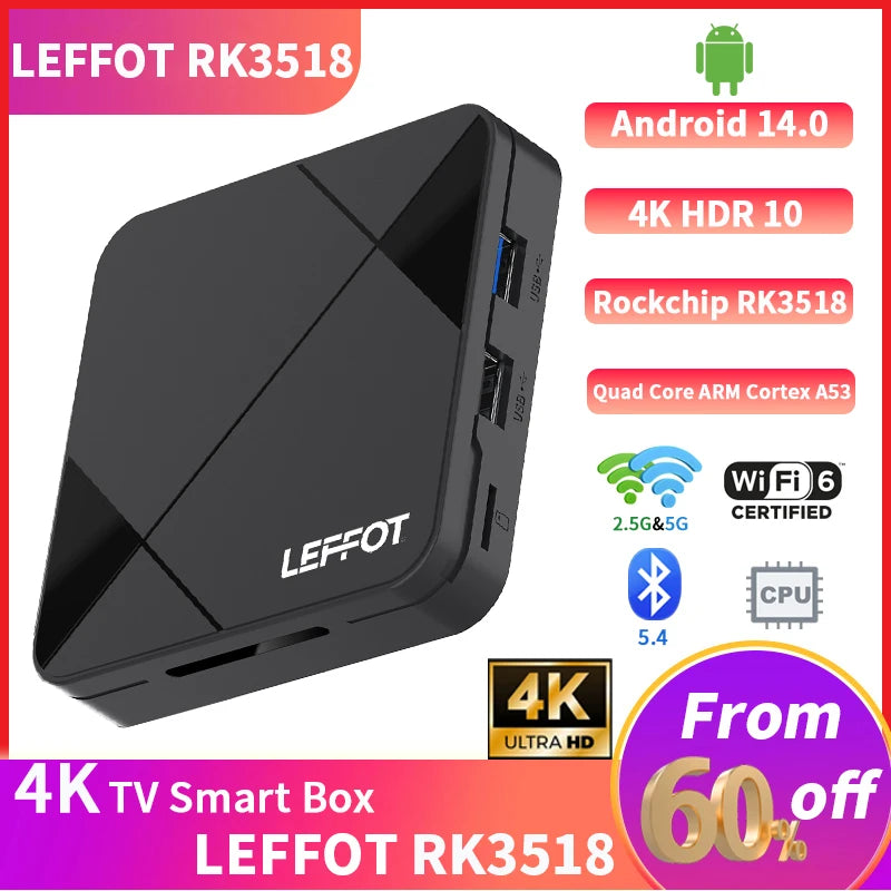 New Style Smart TV Box LEFFOT RK3518 BT5.4 Android 14.0 Wifi6 4K Google Voice Remote Control Assistant Media Player Set Top Box